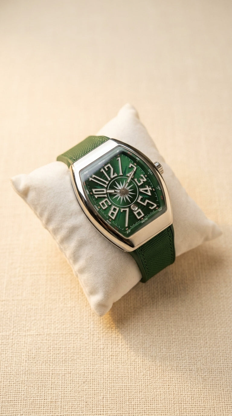 Luxury Emerald Green Tonneau Curved Dial Sport Strap Watch