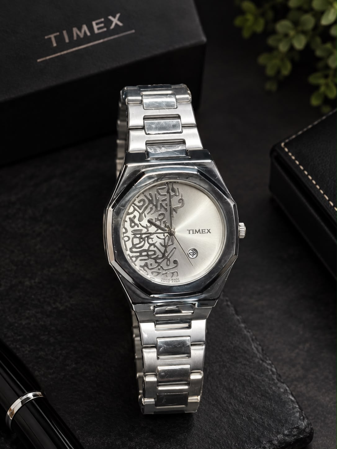 Luxury Arabic Calligraphy Watch – Black Stainless Steel & Silver White Dial