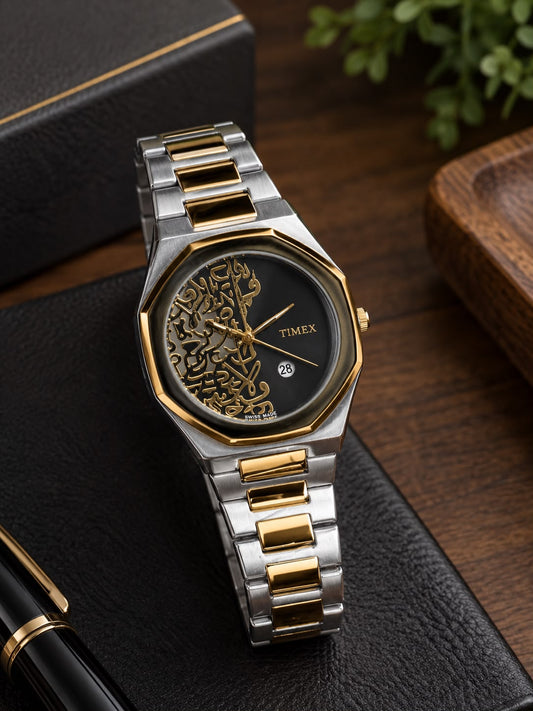 Luxury Arabic Calligraphy Watch – Black Stainless Steel & Silver White Dial