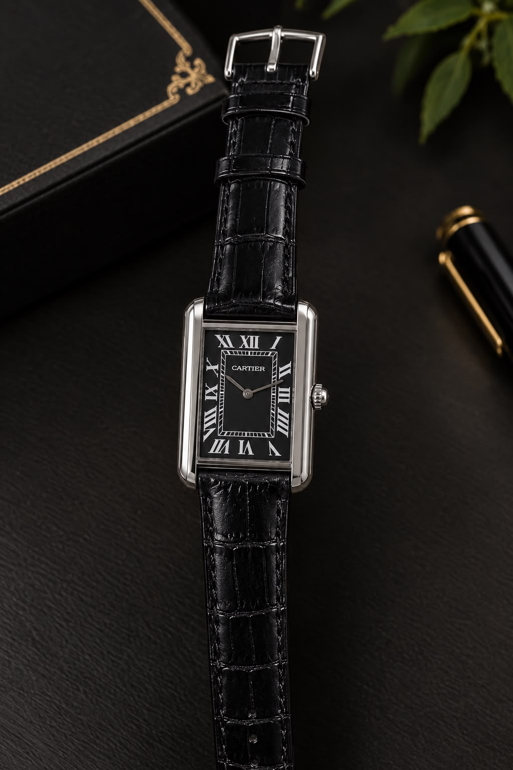 Luxury Cartier Style Black Leather Rectangular Watch