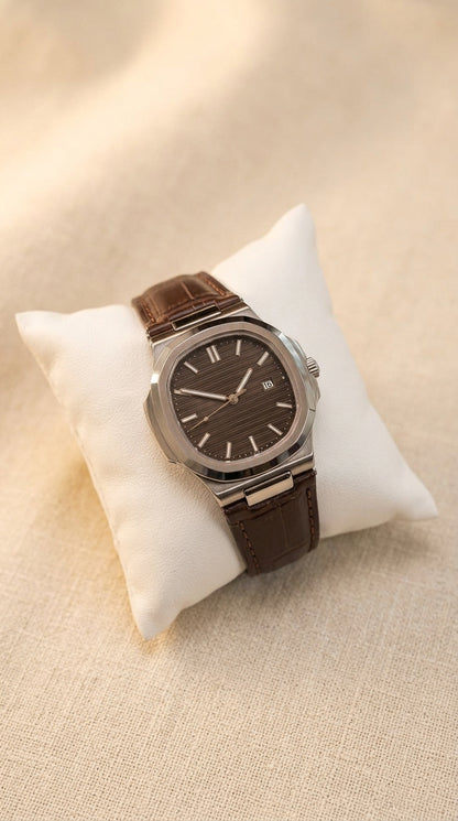 Luxury Integrated Steel  Watch with Brown Leather Strap