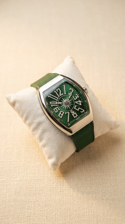 Luxury Emerald Green Tonneau Curved Dial Sport Strap Watch