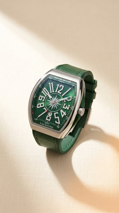 Luxury Emerald Green Tonneau Curved Dial Sport Strap Watch