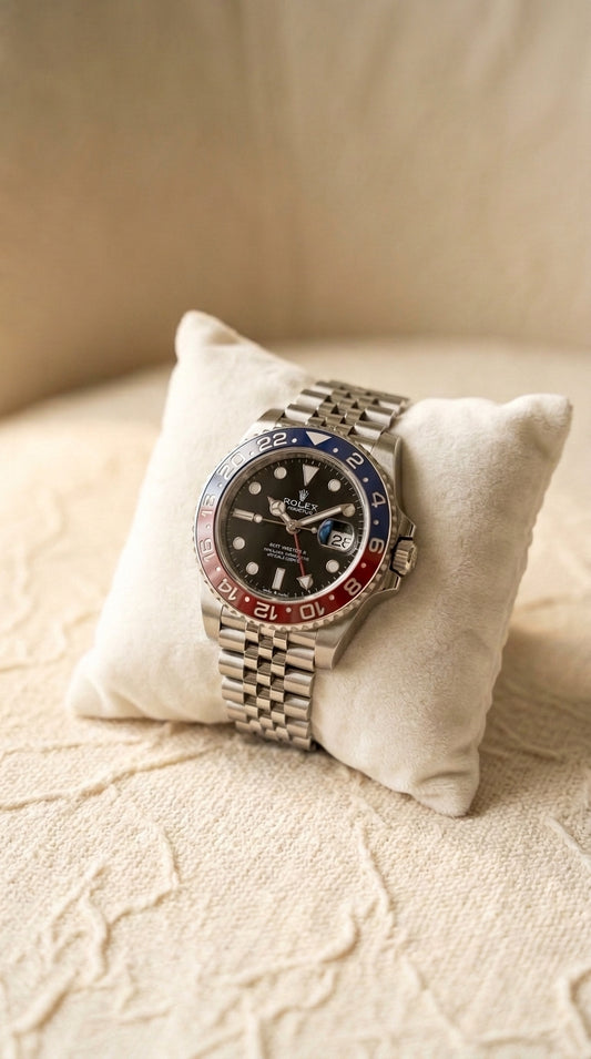 Rolex GMT-Master II "Batman" Style (Blue & Black Bezel, Black Dial, Stainless Steel Jubilee Bracelet) Luxury GMT Blue & Black Bezel Stainless Steel Men's Watch