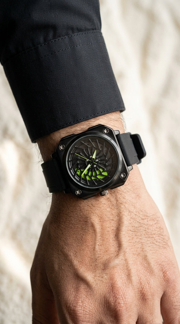 Luxury Matte Black Wheel Rim Skeleton Automatic Watch with Neon Green Accents
