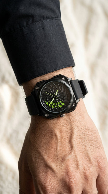 Luxury Matte Black Wheel Rim Skeleton Automatic Watch with Neon Green Accents