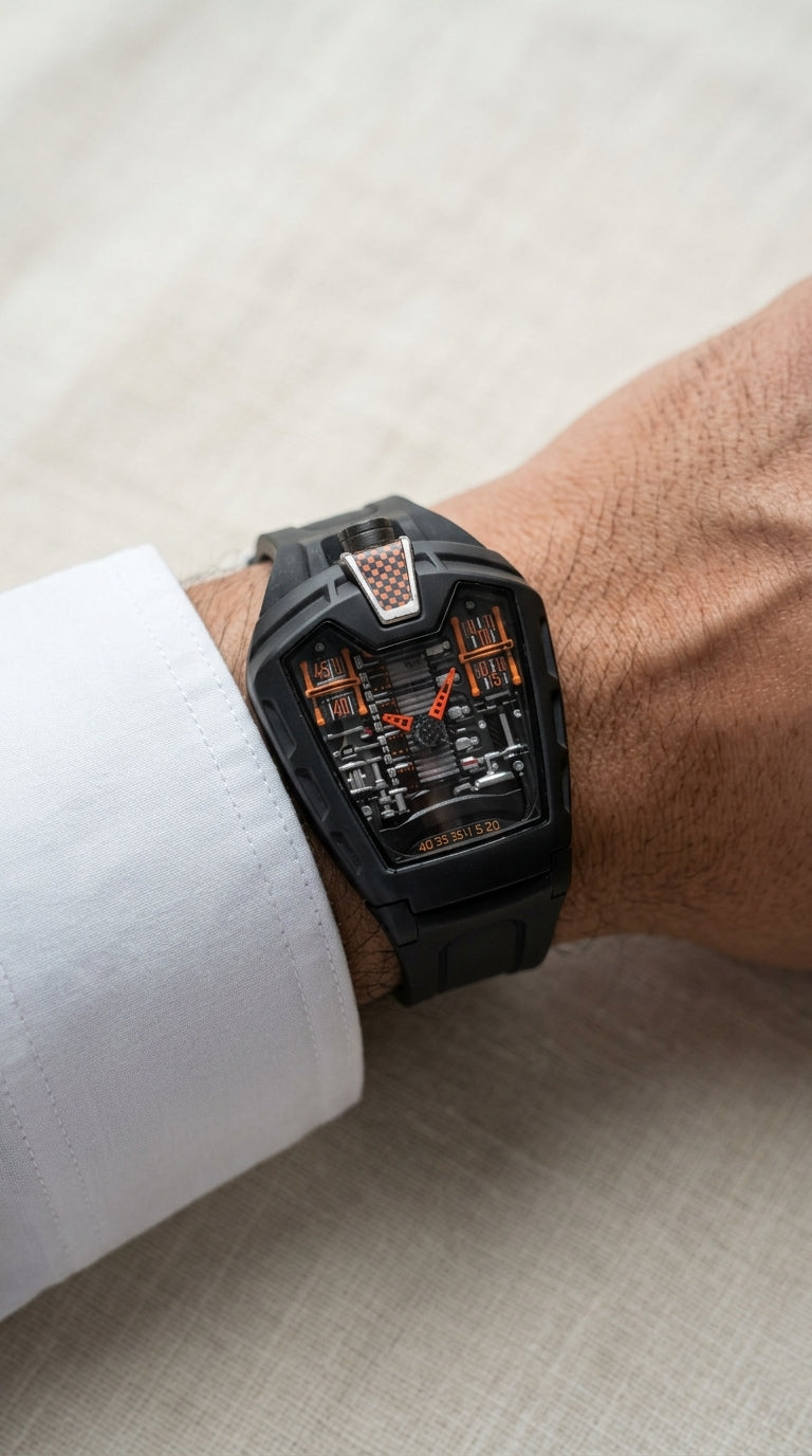 Luxury Black Tonneau Curved Dial Rubber Strap Men's Watch