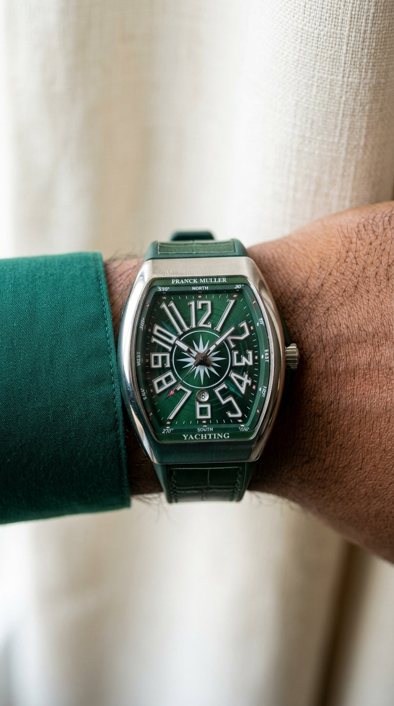 Luxury Emerald Green Tonneau Curved Dial Sport Strap Watch