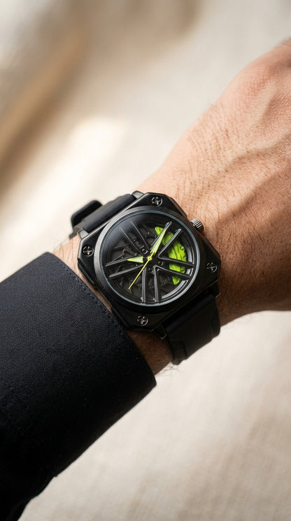 Luxury Matte Black Wheel Rim Skeleton Automatic Watch with Neon Green Accents