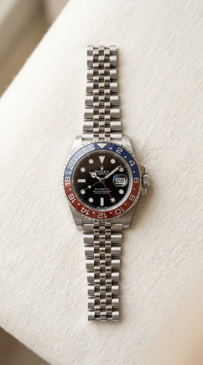 Rolex GMT-Master II "Batman" Style (Blue & Black Bezel, Black Dial, Stainless Steel Jubilee Bracelet) Luxury GMT Blue & Black Bezel Stainless Steel Men's Watch
