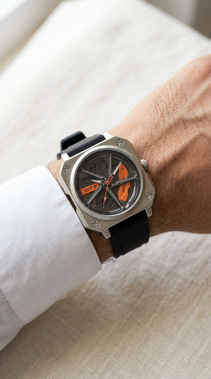Luxury Wheel Rim Skeleton Automatic Rubber Strap Men's Watch