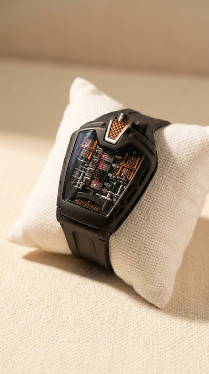 Luxury Black Tonneau Curved Dial Rubber Strap Men's Watch