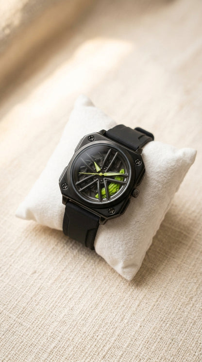 Luxury Matte Black Wheel Rim Skeleton Automatic Watch with Neon Green Accents