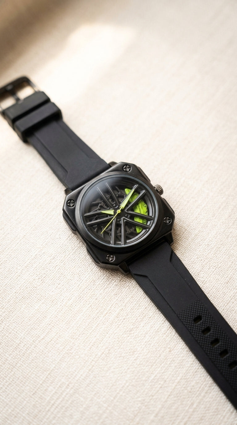 Luxury Matte Black Wheel Rim Skeleton Automatic Watch with Neon Green Accents