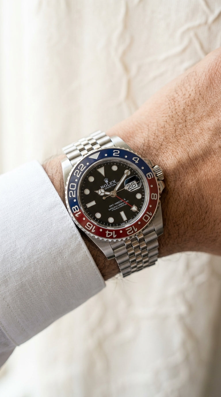 Rolex GMT-Master II "Batman" Style (Blue & Black Bezel, Black Dial, Stainless Steel Jubilee Bracelet) Luxury GMT Blue & Black Bezel Stainless Steel Men's Watch