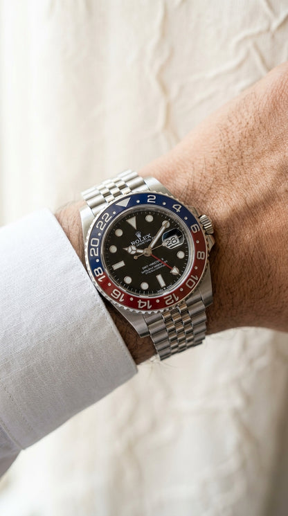 Rolex GMT-Master II "Batman" Style (Blue & Black Bezel, Black Dial, Stainless Steel Jubilee Bracelet) Luxury GMT Blue & Black Bezel Stainless Steel Men's Watch