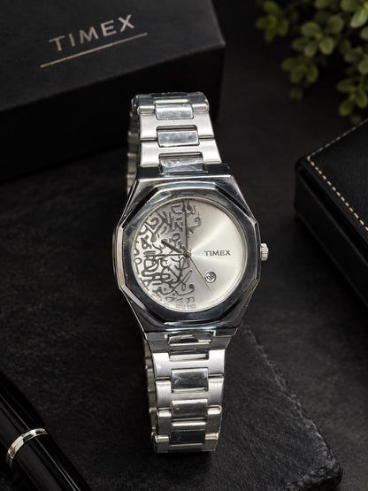 Luxury Arabic Calligraphy Watch – Black Stainless Steel & Silver White Dial