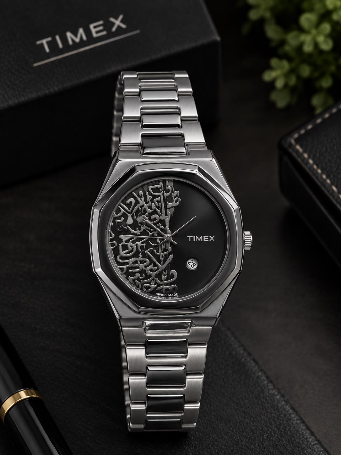 Luxury Arabic Calligraphy Watch – Black Stainless Steel & Silver White Dial
