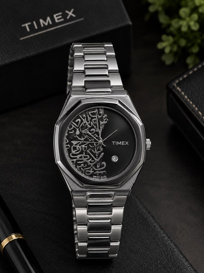 Luxury Arabic Calligraphy Watch – Black Stainless Steel & Silver White Dial