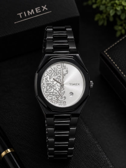 Luxury Arabic Calligraphy Watch – Black Stainless Steel & Silver White Dial