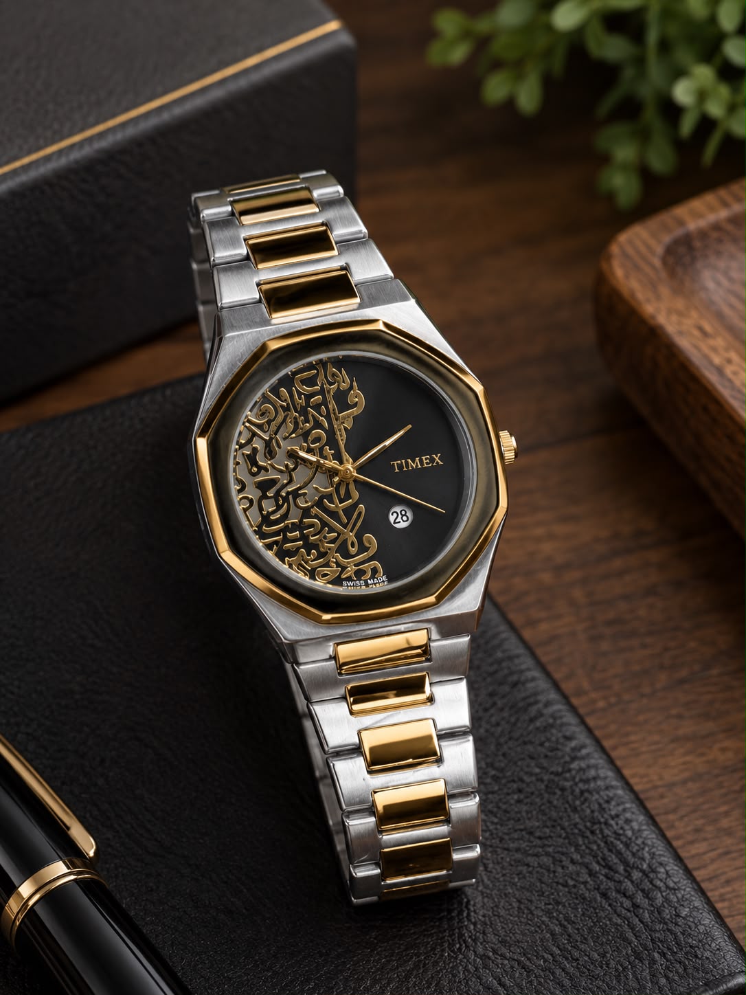 Luxury Arabic Calligraphy Watch – Black Stainless Steel & Silver White Dial