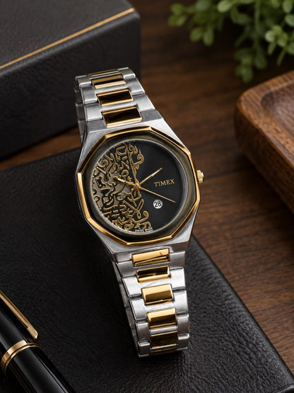 Luxury Arabic Calligraphy Watch – Black Stainless Steel & Silver White Dial