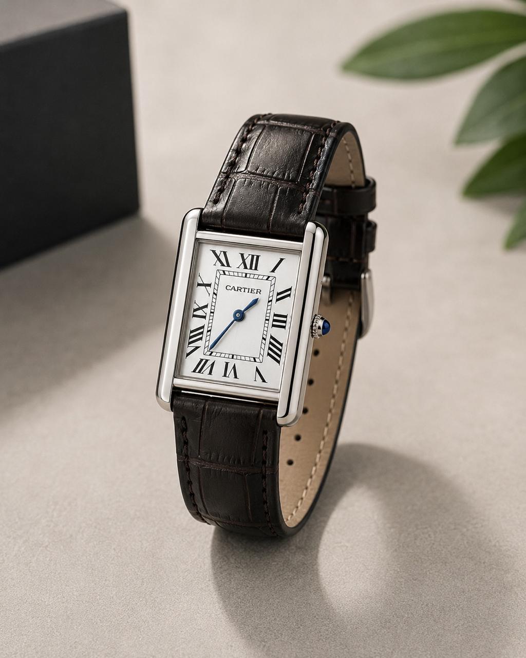 Luxury Cartier Style Black Leather Rectangular Watch