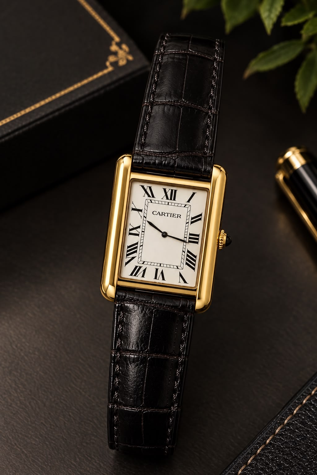 Luxury Cartier Style Black Leather Rectangular Watch