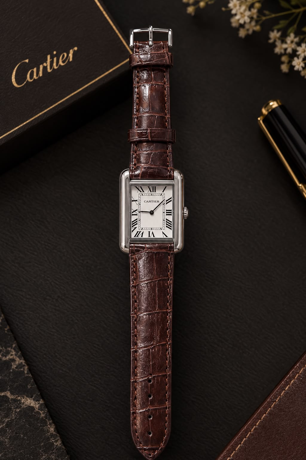 Luxury Cartier Style Black Leather Rectangular Watch