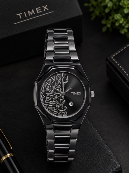 Luxury Arabic Calligraphy Watch – Black Stainless Steel & Silver White Dial